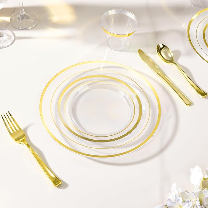Goodluck 600 Pieces Clear Gold Plates for 100 Guests, Plastic Plates for Party, Dinnerware Set of 100 Dinner and 100 Dessert Plates, 100 Spoons, 100 Forks, 100 Knives, 100 Cups