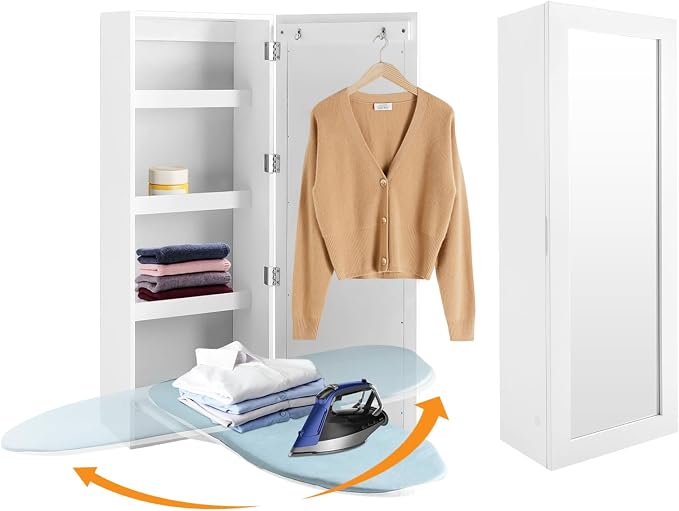 Wall Ironing Board Cabinet 180° Swivel with Mirror & Storage, Hooks, White | 180° swivel ironing board + full-length mirror + irons storage shelf + hooks. Holds 22 lbs. Folds to 8"D. For Home Apartment