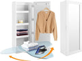 Wall Ironing Board Cabinet 180° Swivel with Mirror & Storage, Hooks, White | 180° swivel ironing board + full-length mirror + irons storage shelf + hooks. Holds 22 lbs. Folds to 8"D. For Home Apartment