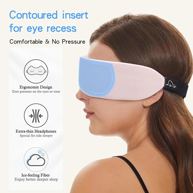 ALASKA BEAR Sleep Headphone Headband Bluetooth 5.2 HD Stereo Noise Reduction Eye Contour Built-in Mask w/Thin Speakers Wireless Audio Sports Headgear(Pink)