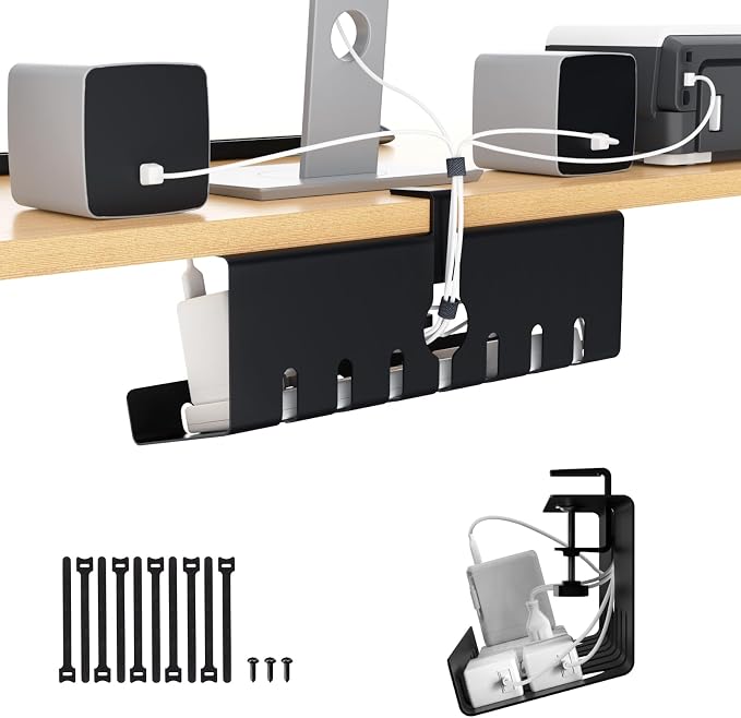 Syeeiex 17" Under Desk Cable Management Tray, No-Drill C-Clamp & Screw Mount, Heavy Duty Metal Cord Organizer with Cable Ties, for Office Home Workspace, Black