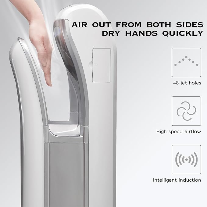 Commercial Vertical Hand Dryer HEPA Filtered 1800W Dual Blade Air Wall Mounted Hand Dryers for Bathrooms Automatic High-Speed White