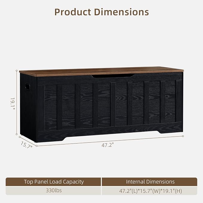 VANKILEY 47.2" Storage Chest Extra Large,Storage Trunk with 2 Safety Hinges,Wooden Storage Bench,Shoe Bench,47.2x15.7x19.1 Inch,Easy Assembly,Storage Bench for Bedroom,Living Room,entryway(Black+Brown