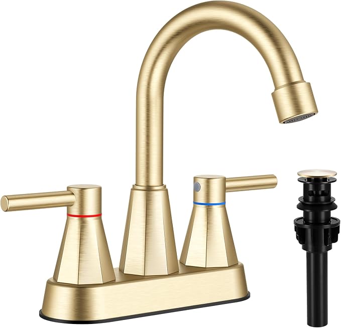 Bathroom Faucet 3 Hole Brushed Gold, 4 Inch Bathroom Sink Faucet Centerset with Pop Up Drain, Double Handle Vanity Faucet 3 Hole with 360° Swivel Spout, Rv Bathroom Sink Faucet