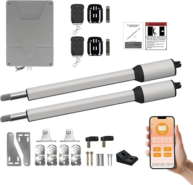 C05 Automatic Smart Gate Opener Kit with APP for Medium Duty Dual Swing Gates Up to 770lbs 16FT, 24V 60W AC Powered Motor Electric Driveway Gate Opener with 2 Long-Range Remotes Complete Kit