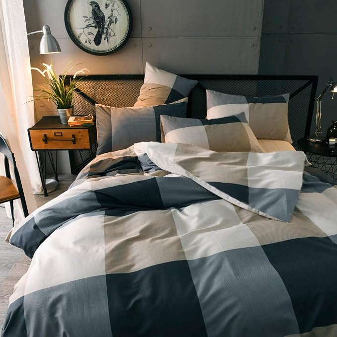 mixinni King Size Checkered Duvet Cover Set - 3 Piece Grey Geometric Cotton Bedding Set with Zipper Closure & Corner Ties, 100% Washed Cotton Soft Breathable Duvet Cover for Men, Women, Teens (King)