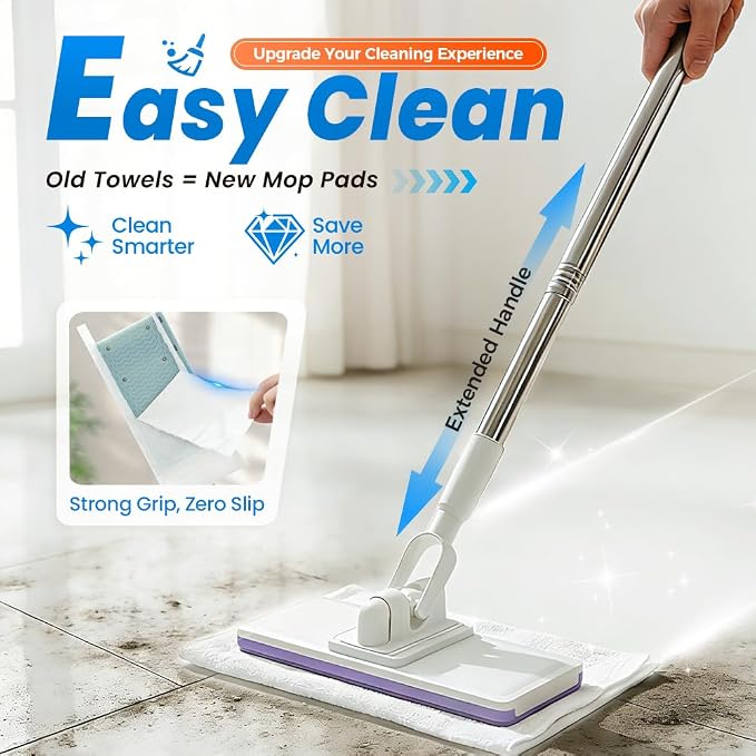 Disposable Dust Mop with 10 Reusable Cloths, 2026 New Convenient Cloth Changing Mini Mop 38" Long Handle Wet and Dry Flat Mopping, Sweeper Stick Lightweight Snap for Corners Multi Surface (10 Clothes)