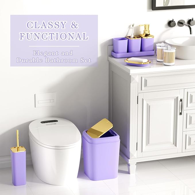 XLHOMO Bathroom Accessories Set - Luxury Purple Bathroom Set, 9 Pieces Bathroom Accessory Set, Purple Bathroom Accessories with Trash Can, Toilet Brush & Soap Dispenser