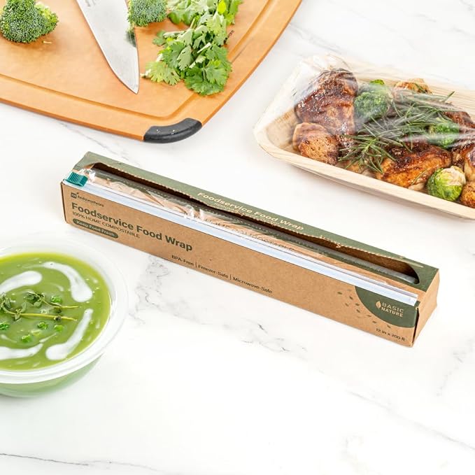 Restaurantware Basic Nature 12" x 200' Food Wrap 1 Microwavable Cling Wrap - With Built-In Slide Cutter Freezable Clear Plastic Kitchen Food Wrap Durable For Restaurant Cafes And Delis