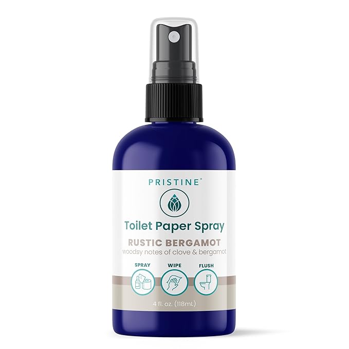 PRISTINE Toilet Paper Spray, As Seen on Shark Tank, Flushable Wipe Alternative, Personal Cleansing Bathroom Spray for Regular Toilet Tissue, Bidet Alternative, Made in USA, Rustic Bergamot, 4oz Bottle