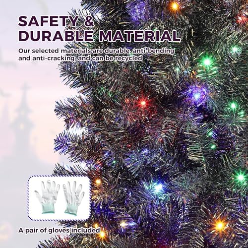 GarveeHome 6 ft Prelit Black Christmas Tree with Lights Halloween Tree Slim Artificial Halloween Christmas Tree Artificial Pencil Tree Automatic Branches for Home, Office, Party Decoration