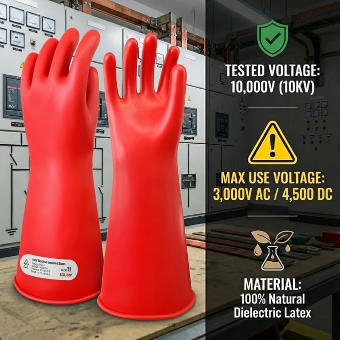 10KV Tested Electrical Insulated Gloves, Max Usage 3000V AC Natural Latex Safety Work Gloves for Electrician, Hybrid EV Car Repair, HVAC & Lineman - Red