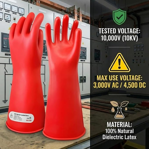 10KV Tested Electrical Insulated Gloves, Max Usage 3000V AC Natural Latex Safety Work Gloves for Electrician, Hybrid EV Car Repair, HVAC & Lineman - Red