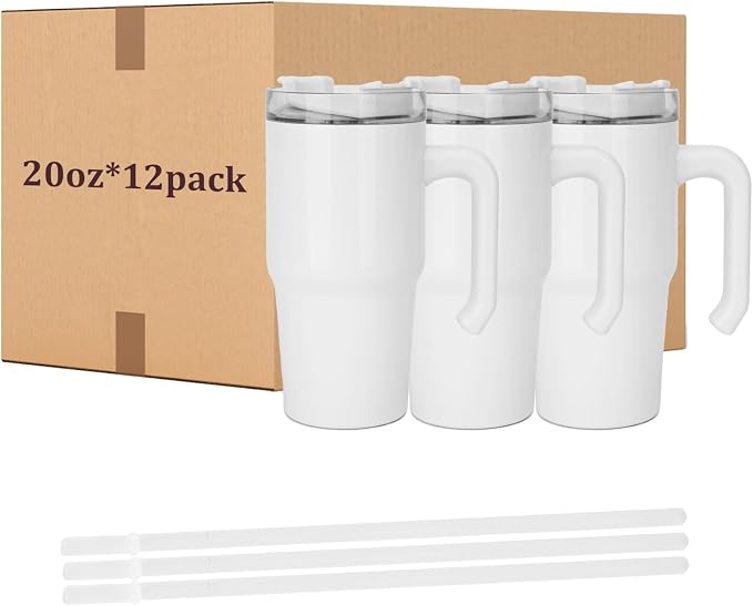 20 oz Sublimation Tumbler with Handle 12pcs, Keep Cold 24 Hours Stainless Steel Tumbler with Lid and Straw &Brush Double Wall Vacuum Reusable Sports Water Bottle with Handle Travel Coffee Mug