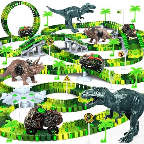 Dinosaur Toys for Kids 3-5, Glow in The Dark Flexible Race Track Playset
