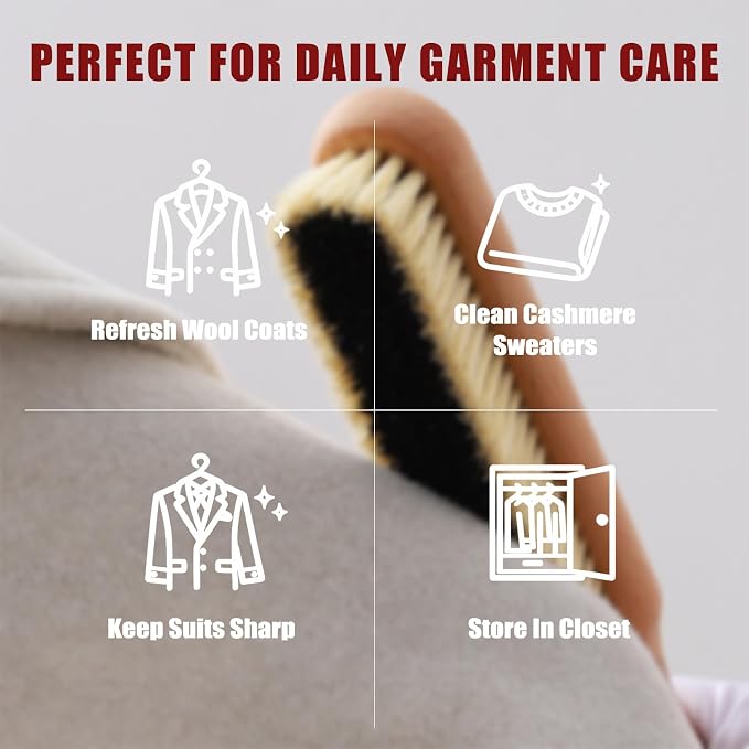 Lint Brushes for Clothes, 100% Natural Boar Bristle Clothes Brush for Cashmere & Wool, Cashmere Comb & Sweater Comb, Removes Fibres & Pet Hair, with Hanging Hole & Straps, Includes Cleaning Comb