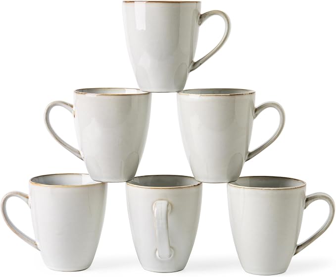MONITO 17oz Ceramic Coffee Mugs Set of 6, Vintage White Mugs with Handle | Mugs with Gold Rim for Latte,Tea&Cocoa,Dishwasher&Microwave Safe,Reactive Glaze Cups,Ideal Gift for Office and Home Use