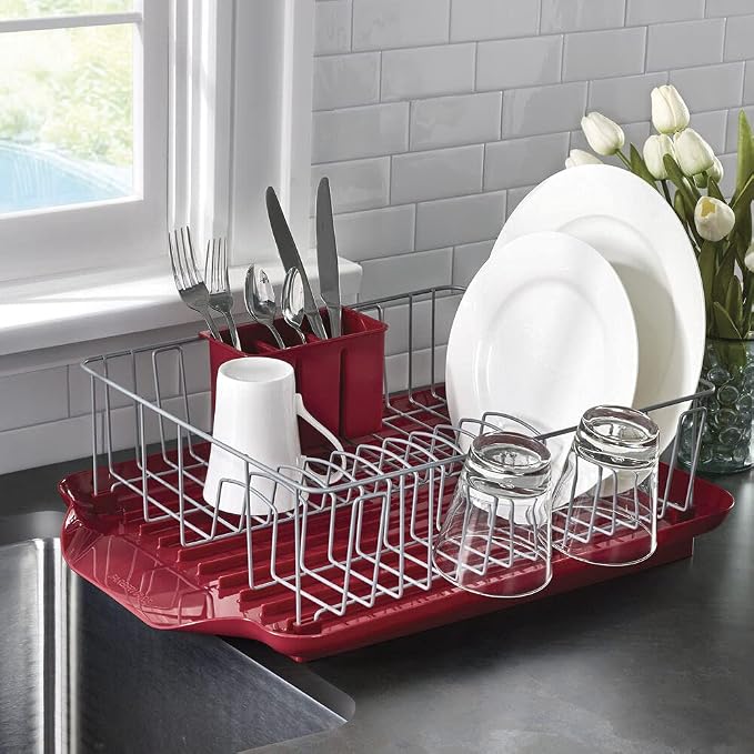 Farberware Classic Large Rust Resistant Full Dishrack with Removable 3 Compartment Flatware Caddy, Andlged Drain Board, 3-Piece, Red