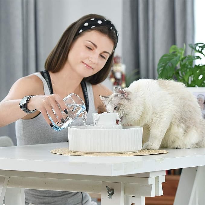 Cepheus Pet Drinking Fountain-2.1L/71oz Ceramic Cat Water Fountain-Automatic Ceramic Water Fountain for Cats and Dogs with with Ultra-Quiet Pump(White)