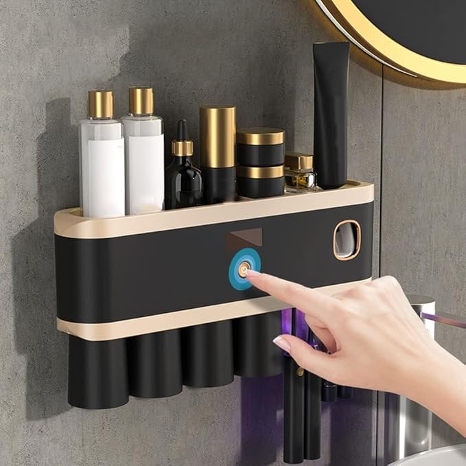 Toothbrush Rack Smart Toothbrush Holder Wall Mount Toothbrush Holder with Mouthwash Cup Automatic Toothpaste Dispenser Squeeze Kit Bathroom Toothbrush Holder(C)