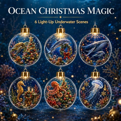 6 Pack Lighted Ocean Christmas Ornaments, 3.15 Inch Sea Animal Globes
