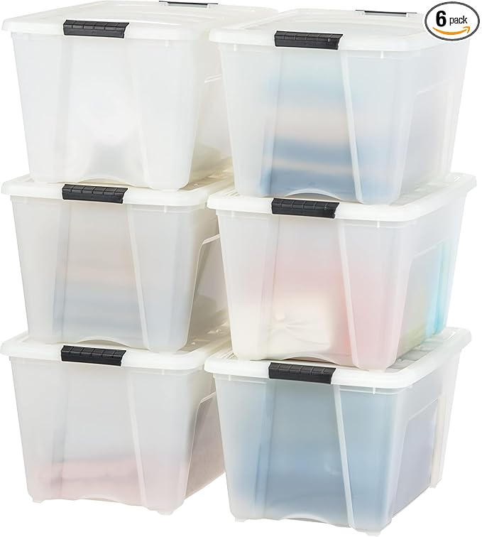 IRIS USA 54 Quart Stackable Plastic Storage Bins with Lids and Latching Buckles, 6 Pack - Pearl, Containers with Lids and Latches, Durable Nestable Closet, Garage, Totes, Tubs Boxes Organizing