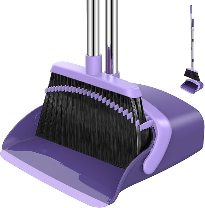 NACENA Broom and Dustpan Set, 52-in Long Adjustable Handle Broom Dustpan Combo with Dustpan Teeth to Automatically Clean Hair Suitable for Home Kitchen Office Hall Floor (Purple)