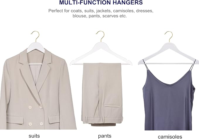 Amber Home 30 Pack White Wooden Coat Hangers with Gold Hook, White Wood Suit Hangers with Non-Slip Pant Bar, Clothes Hangers for Closet Organization, Shirts, Jackets, Dresses and Pants (White+Gold,30)