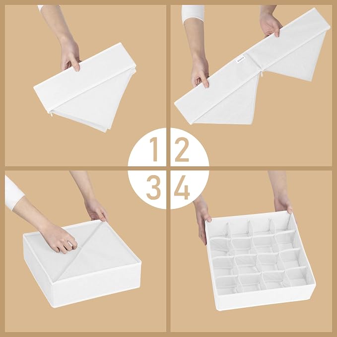 Criusia 3 Pack Sock Underwear Drawer Organizer Dividers, 64 Cell Fabric Foldable Cabinet Closet Organizers and Storage Boxes for Storing Socks, Panties, Ties (16+24+24 Cell, White)