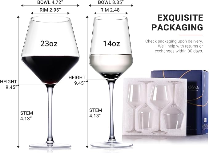 Physkoa Wine Glass Set of 4 – 2 Red (23oz) & 2 White (14oz) Hand-Blown Crystal Glasses with Corkscrew, Perfect Gifts for Birthday, Engagement, Wedding & Housewarming Mother's Day
