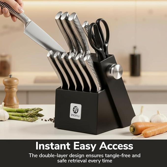 Imarku 14-Piece Japanese Gyutou Stainless Steel Knife Set with Block | 15° Precision Edge | 56±2 HRC Hardness | Full-Tang Build for Perfect Balance | Built-in Sharpener for Easy Maintenance