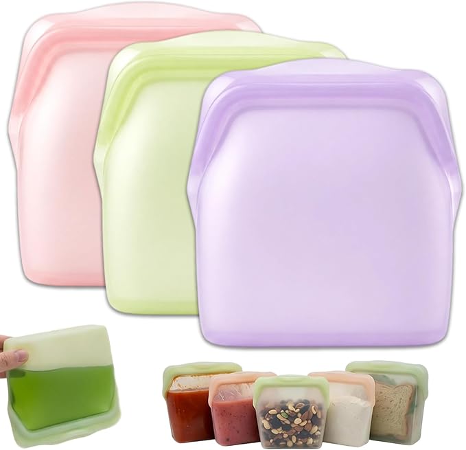 New Generation Silicone Storage, Reusable Silicone Food Storage Bags, Leak-Proof Upright Freezer Bags, Odor-Proof, High-Temperature Resistant, Microwave Dishwasher Safe for Snacks Leftovers (3-MixH)