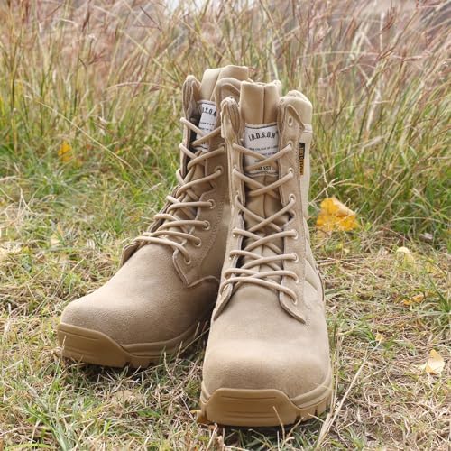 Men's Military Tactical Work Boots with Side Zipper, Puncture Resistant, Desert Combat, Army Jungle, 8 Inch Lightweight Hiking Boots