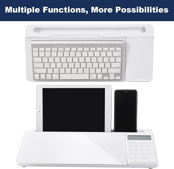 Small Glass Desktop Whiteboard Dry-Erase-Board - Computer Keyboard Stand with Calculator White Board Surface Pad with Drawer, Desk Organizers with Accessories for Office, Home, School Supplies - White