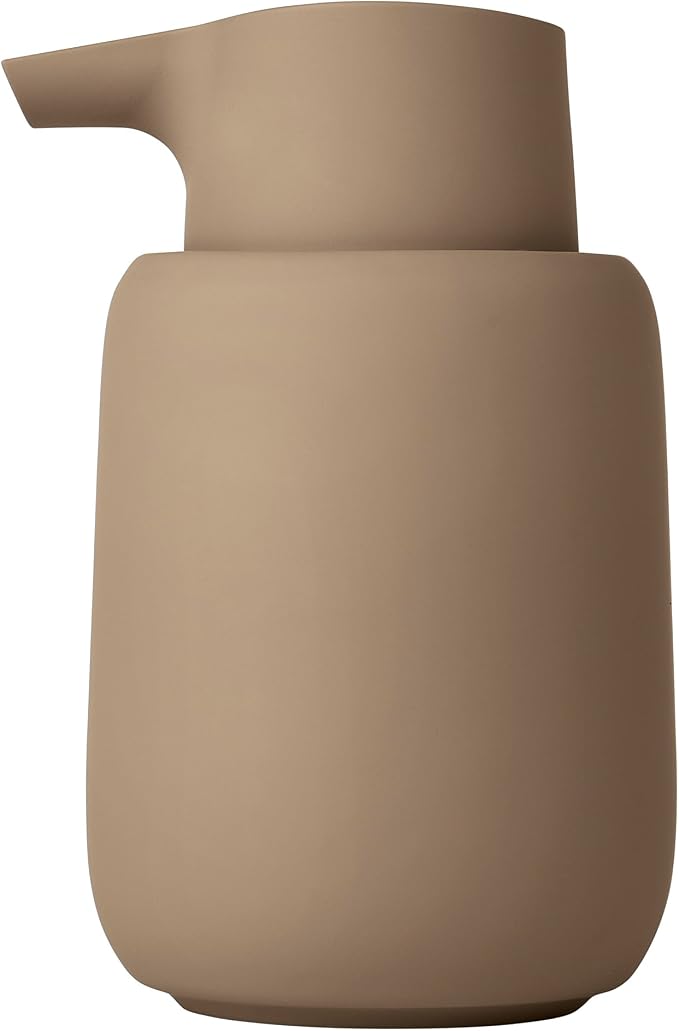 blomus Sono Soap Dispenser 250 ml Ceramic Hand Soap Dispenser in Brown Diameter 8 x 14 H cm Colour Tan Liquid Soap Dispenser with Pump Head