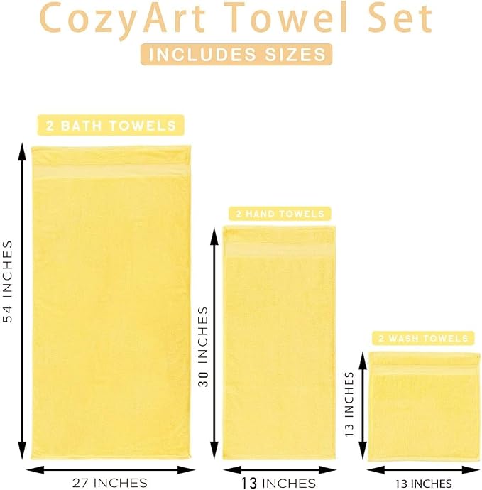COZYART Luxury Bath Towel Set 6 Pcs, Yellow 100% Turkish Cotton 650 GSM | OEKO-Tex 100 Certified Zero Twist Ring Spun, Soft Absorbent Quick Dry, Plush Fluffy, Breathable Hotel Quality for Daily Use
