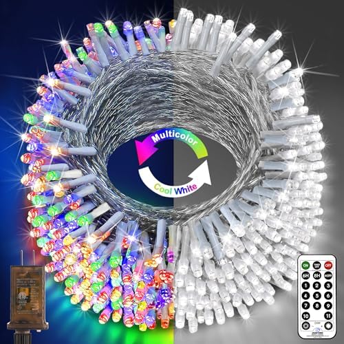 KNONEW 197FT 500 LED Christmas String Lights Outdoor Color Changing 11 Modes Timer Fairy Light Plug in Waterproof Lights for Xmas Tree Yard Wedding Decorations (Cool White to Multicolor)