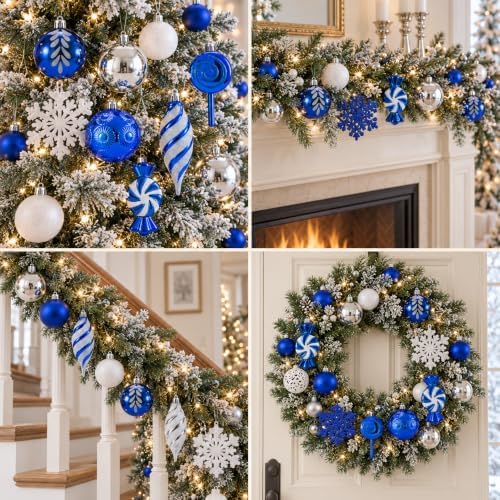 130 Pcs Blue, Silver & White Christmas Ball Ornaments, Shatterproof