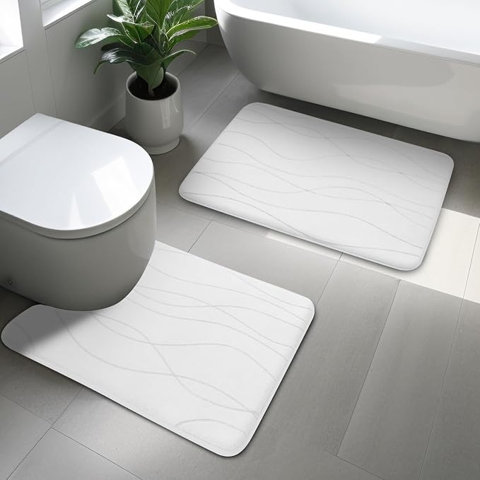YIHOUSE Bathroom Rugs Set 2 Piece, Memory Foam Bath Mat White | U Shaped+Small Mat, Ultra Soft, Absorbent, Non-Slip, Machine Washable, for Bathroom, Sink and Toilet