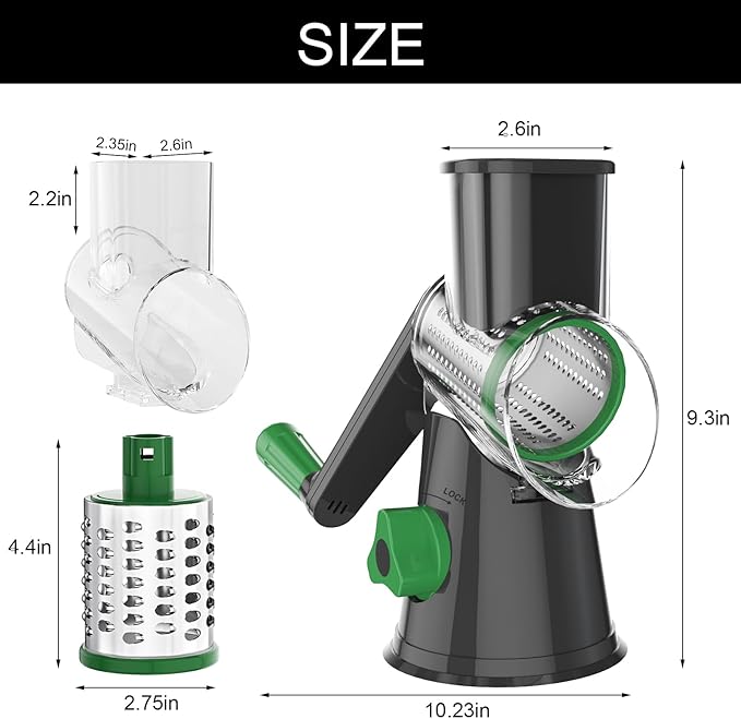 Cambom Rotary Cheese Grater Hand Crank Cheese Shredder for Fresh Cheese, Vegetable, Nuts,Non-slip Suction Base, Three Blades, Gray Green