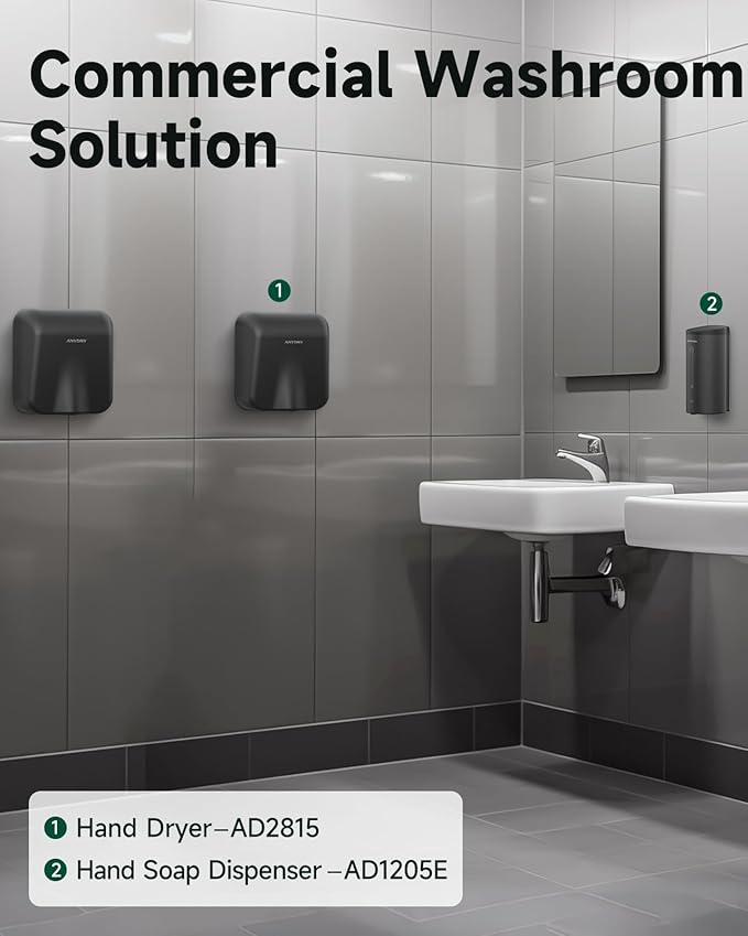 anydry IronStorm Electric Hand Dryers for Bathrooms Commercial HEPA Filter High-Speed Matte Black Stainless Steel Cover AC 100–130 V~