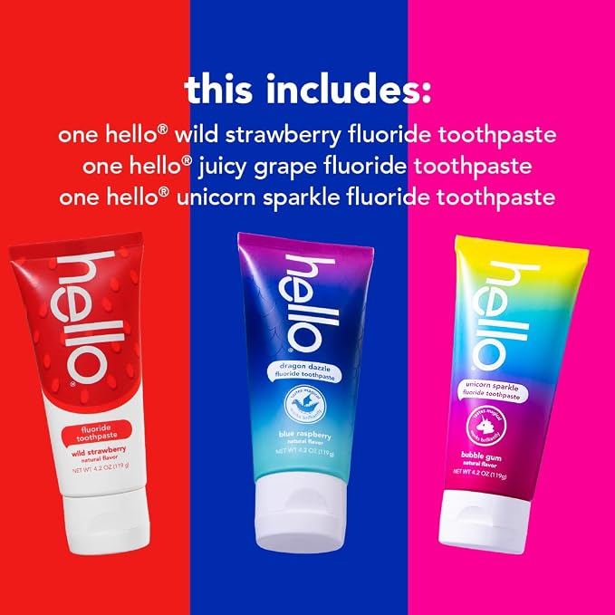 Hello Kids Fluoride Toothpaste Variety Pack, Includes a Strawberry Toothpaste, Unicorn Bubble Gum Toothpaste, and Blue Raspberry Toothpaste, Safe for Ages 2 and Up, 12 Pack, 4.2 Oz Each