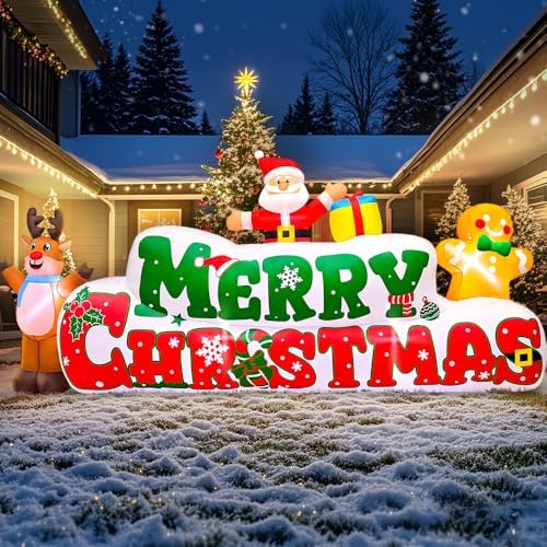 10FT Christmas Inflatables Outdoor Decorations Inflatable Merry Christmas with Santa Gingerbread Reindeer, Built in LED Lights Blow up Yard Decorations for Xmas Holiday Party Garden Lawn Décor