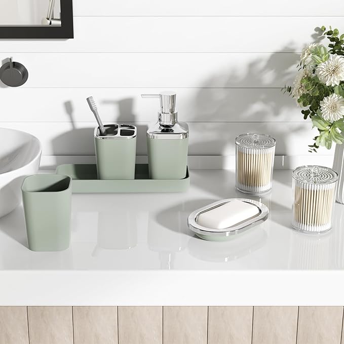 XLHOMO Bathroom Set, Bathroom Accessory Set, Sage Green Bathroom Accessories Set with Press-on Lid Bathroom Trash Can, Soap Dispenser, 9PC Bathroom Accessory Set for Home