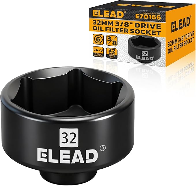 ELEAD 32 mm Oil Filter Socket Wrench, 3/8'' Drive 6-Point Oil-Filter Removal Tool, Metric Oil Filter Wrenches, Low Profile Design for Easy Removal, Chrome Vanadium Steel Oil-Change Tool