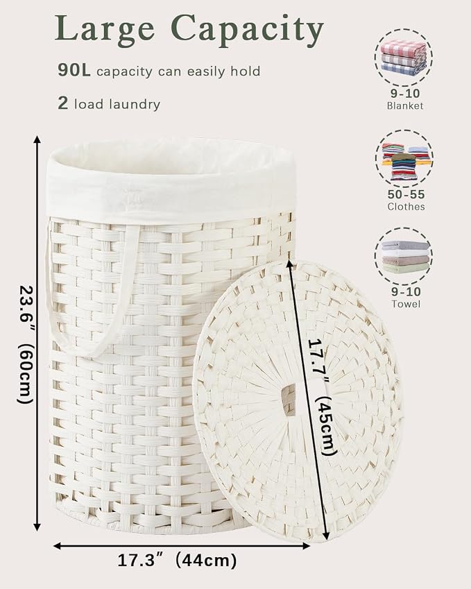 SETVSON Laundry Hamper with Lid Round Laundry Basket 23.8 Gal White | The lid hides dirty clothes, keeping spaces neat and fresh. 90 L Large Capacity, Stylish Design with Handles Easy Transport