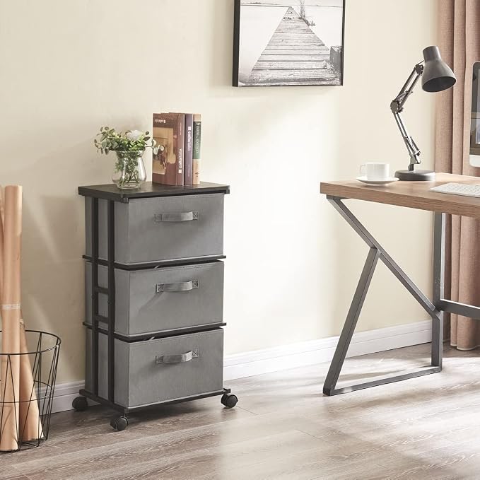 MAX Houser Dresser Tower with 3 Drawers, Grey | Fabric Storage Organizer Unit, Chest of Drawers with with WoodTop, Small Vertical Storage for Guest Room, Closet, Entryway