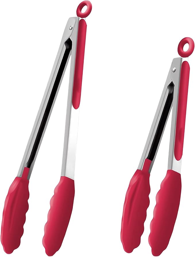 TTVOVO Silicone Tongs for Cooking Heat Resistant Kitchen Tongs Red 2Pcs