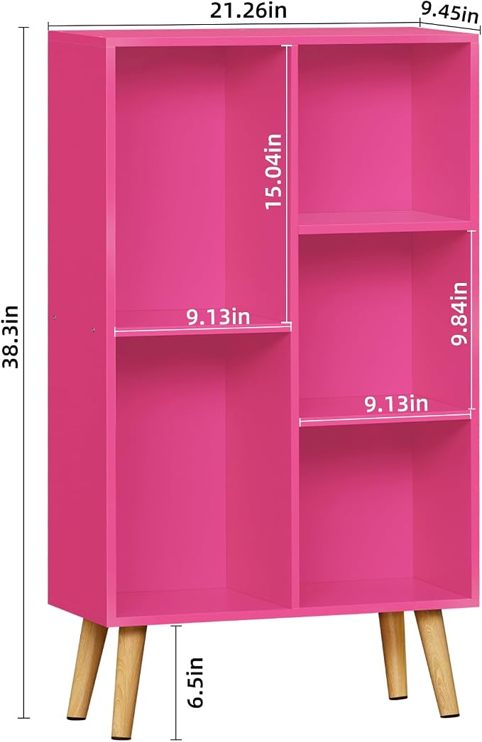 LEYAOYAO 5 Cube Bookshelf, Mid-Century Modern Book Shelf with Legs, Pink | 3 Tier Bookcase, Rustic Wood Bookshelves Freestanding Small Storage Organizer, Open Shelves for Bedroom, Living Room, Office
