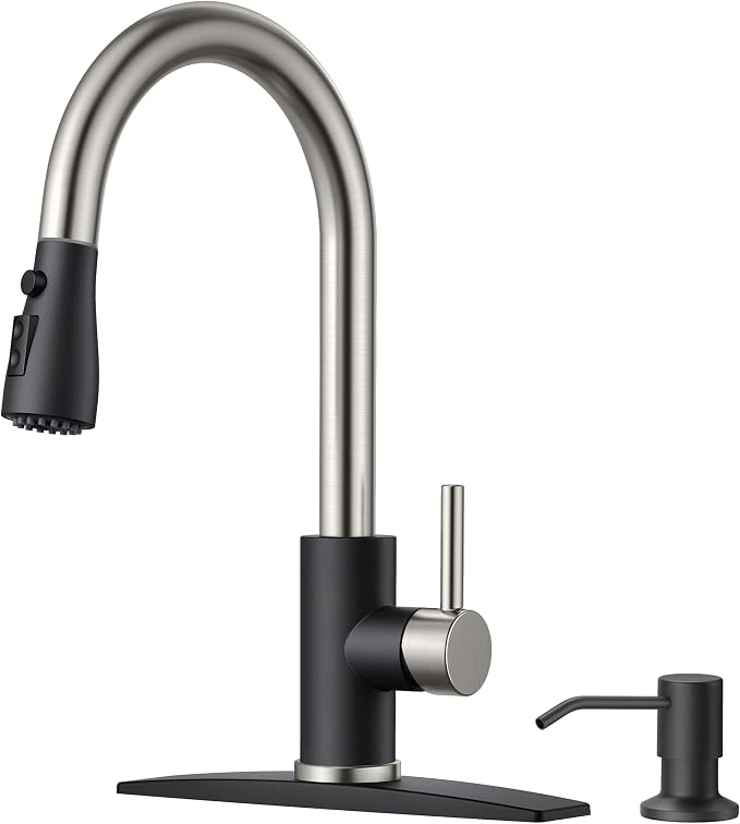FORIOUS Kitchen Faucets with Soap Dispenser and Pull Down Sprayer, Bar High Arc Single Handle Classic 3 Modes Stainless Steel Faucet for Kitchen Sink Farmhouse RV Laundry Camper, Black Brushed